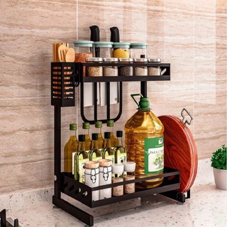 KỆ GIA VỊ 2 TẦNG THÉP ĐEN CÓ CHỖ ĐỂ DAO THỚT