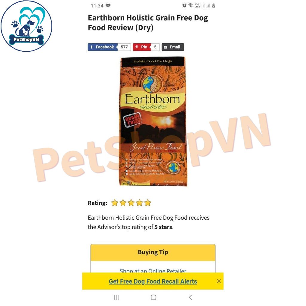 Bao 2.5Kg Thức Ăn Cho Chó Hạt EARTHBORN HOLISTIC COASTAL CATCH Vị Cá Trắng, Cá Hồi & Cá Trích