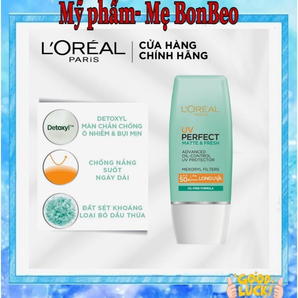 Kem Chống Nắng L'Oréal Kiềm Dầu Thoáng Mịn Da 30ml UV Perfect Matte &amp; Fresh SPF 50+/PA++++