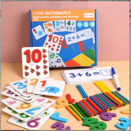 Bộ que tính học toán và thẻ ghép số học phép tính tư duy, đồ chơi giáo cụ montessori phát triển trí tuệ cho bé