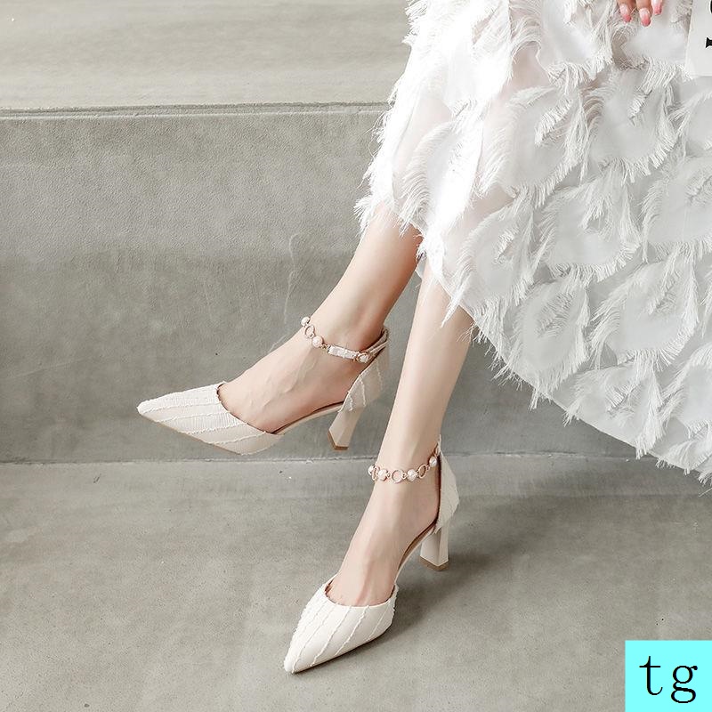 Giày cao gót sandal đế dày thời trang xuân thu phong cách mới 2021 dành cho nữ