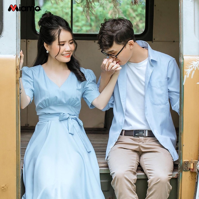 [Freeship] Set đồ đôi áo sơ mi nam - váy nữ thanh lịch chụp hình cưới, du lịch thời trang Miamo MO140 (kèm ảnh thật)