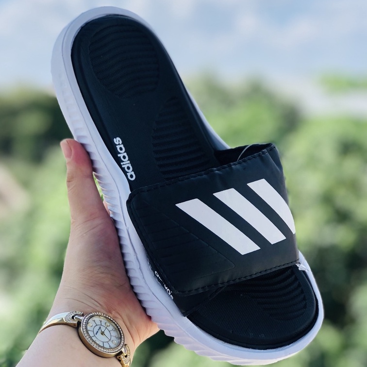 Dép Alphabounce adidas QC 🎁FREESHIP +hộp🎁 quai ngang dán xé nam nữ 3 sọc QC, Alpha-đen-sọc-trắng-QC