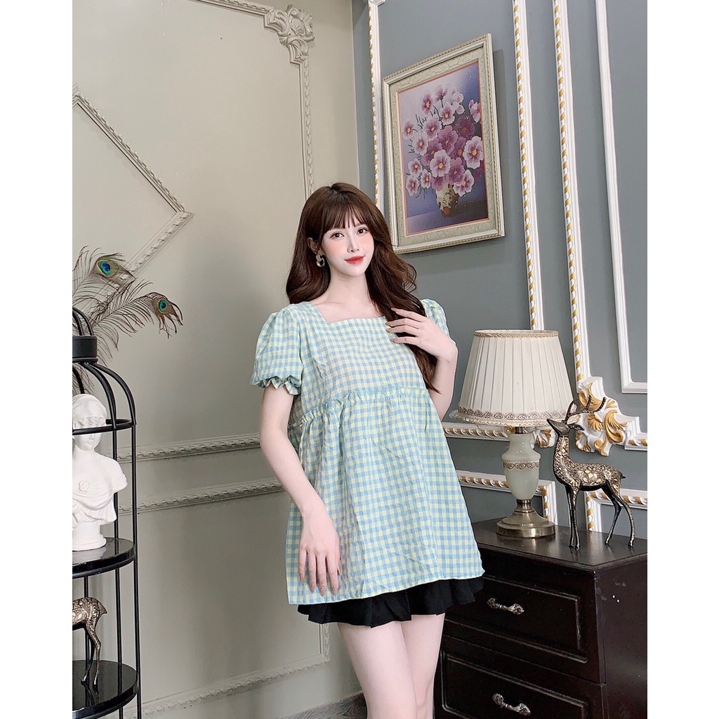 Áo Bầu Kẻ Hàn cổ vuông ,có dây buộc sau lưng siêu điệu đà,tay bồng tiểu thư-freesize 43-68kg