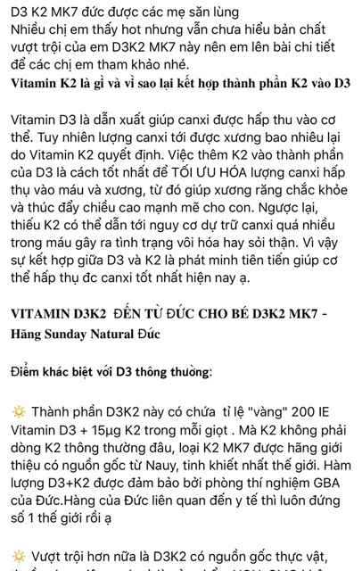 Vitamin D3 K2 Mk7 Sunday Natural 20ml Đức [Date 2022