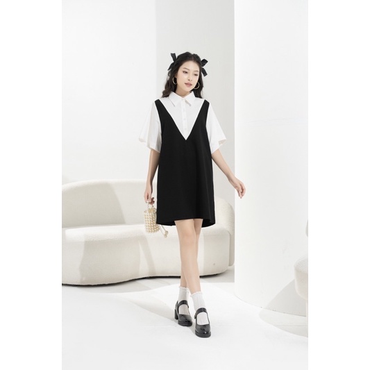 Váy Suông Phối Màu Đen Trắng Dáng Rộng Phong Cách Năng Động Trẻ Trung