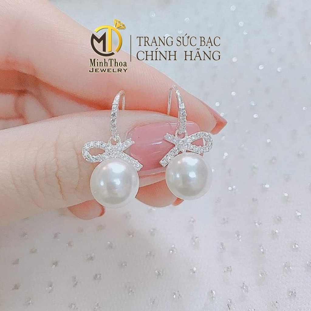 Khuyên tai nữ bạc đẹp, bông tai nữ bạc 925 dáng dài hạt tròn đính đá Minh Thoa JEWELRY