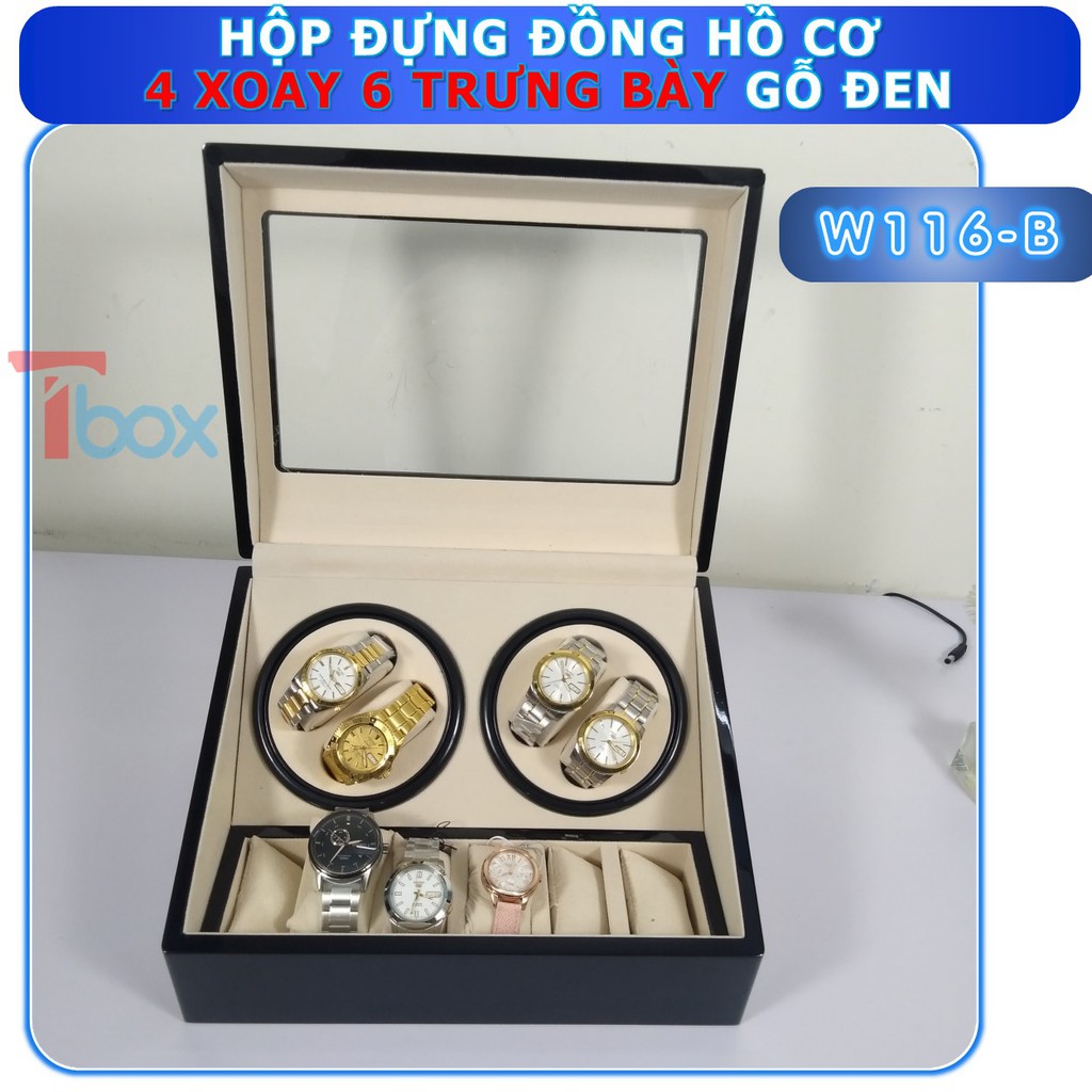 Hộp đựng Đồng hồ cơ 10 chiếc Hộp xoay Đồng hồ cơ 4 xoay 6 tĩnh bằng gỗ màu đen pinano sang trọng