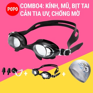 Kính bơi trẻ em, kính bơi cho bé kèm mũ bơi, bịt tai kẹp mũi POPO 1580 cản tia UV hạn chế sương mờ