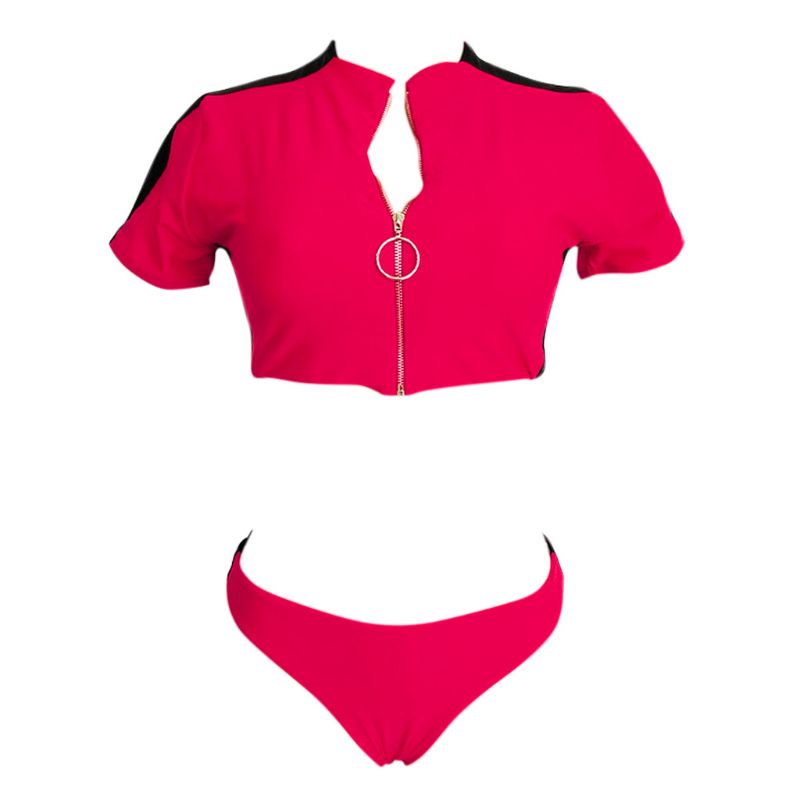 Bộ Bikini Hai Mảnh Ngắn Tay Họa Tiết Sọc Có Khóa Kéo Và Đệm Gợi Cảm Cho Nữ