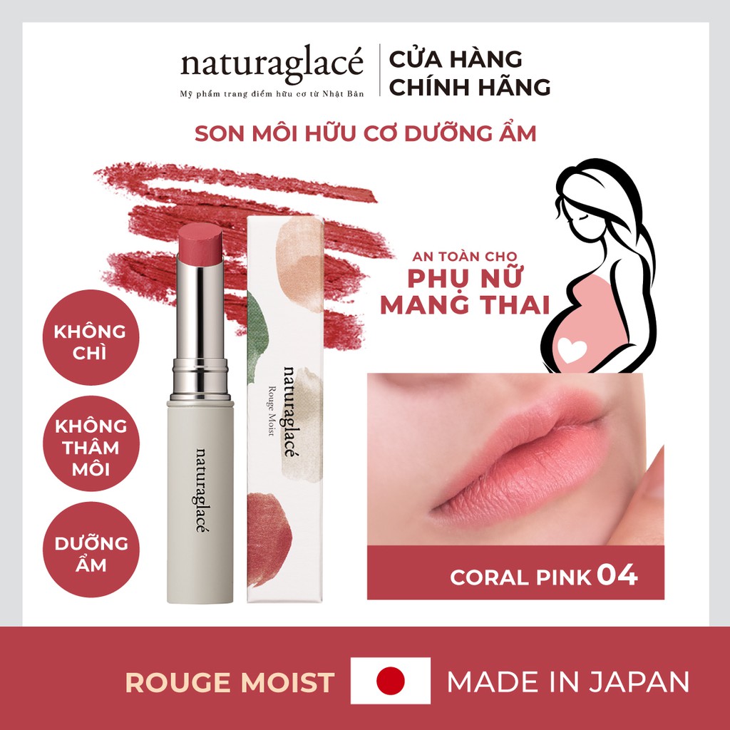 Son môi hữu cơ naturaglacé Rouge Moist bán lì, không chì, dưỡng ẩm, Màu 04 - Coral Pink, 2.3g