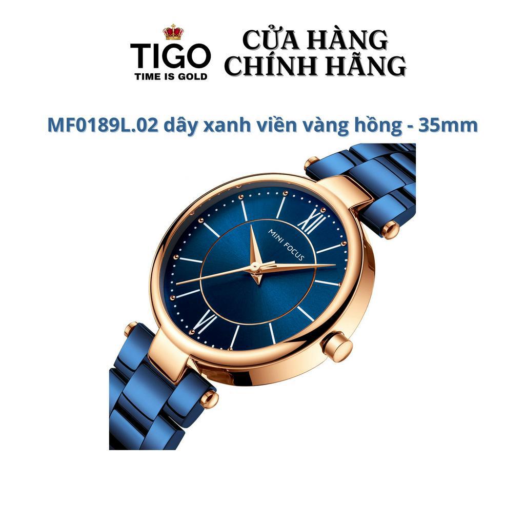 Đồng Hồ Nữ MINI FOCUS MF0189L.02 Dây Thép Xanh Viền Vàng Hồng Thép Không Gỉ Cao Cấp Mặt Tròn Đường Kính 35mm Chống Nước