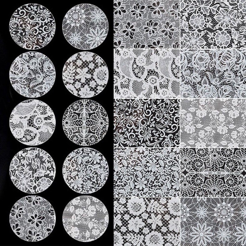 Foil dán móng ren trắng đen 10 tấm