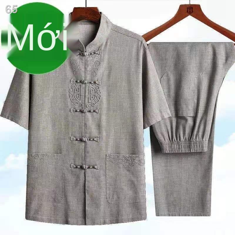 Bộ đồ vải lanh cho người trung niên và cao tuổi cha nam mùa hè Hanfu ông nội quần áo ngắn tay phong cách QuốcS