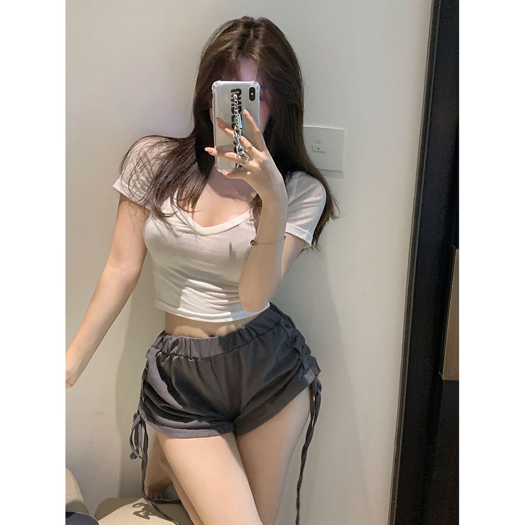 Cocory vn Áo croptop tay ngắn cổ chữ V màu trơn tùy chọn phong cách đơn giản
