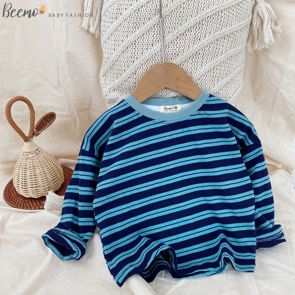 Áo thun dài tay Beemo kẻ ngang cổ viền vải cotton mềm mại phong cách Hàn cho bé trai, bé gái từ 1 đến 7 tuổi 21A018