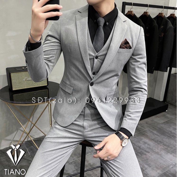 Bộ vest nam 1 khuy Hàn Quốc màu xám sáng cực sang trọng, Vest nam, Suit Nam Cao Cấp - TIANO