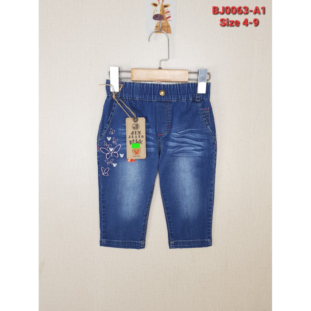 BJ0063-A1 - Quần Jean lửng nữ nhỡ , thêu bướm , màu xanh đậm , size bé 4t-9t , ri6 - Made In Viet Nam
