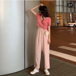 Set Áo Crop top Quần caro hồng ngọt ngào