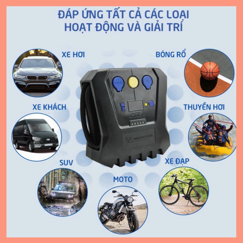 Máy Bơm Lốp Ô tô Michelin 12266 Cao Cấp Đa Năng Tự Ngắt Cho Xe Hơi từ 4 đến 16 chỗ - Hàng Chính Hãng