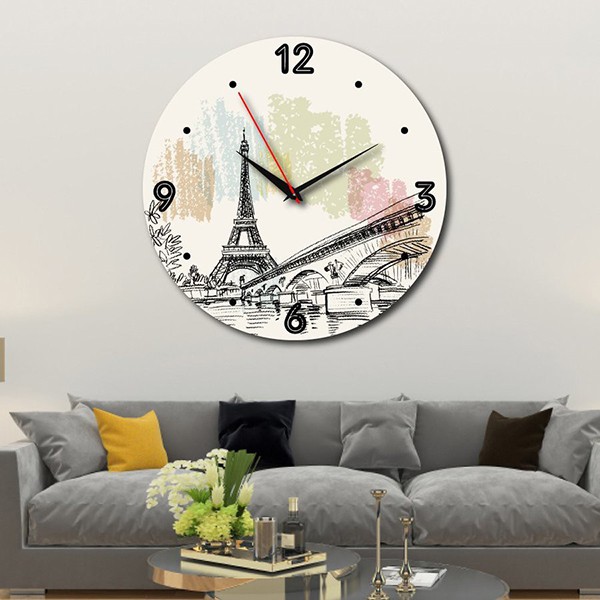 Đồng hồ treo tường trang trí phòng khách phong cách hiện đại, họa tiết kỳ quan thế giới