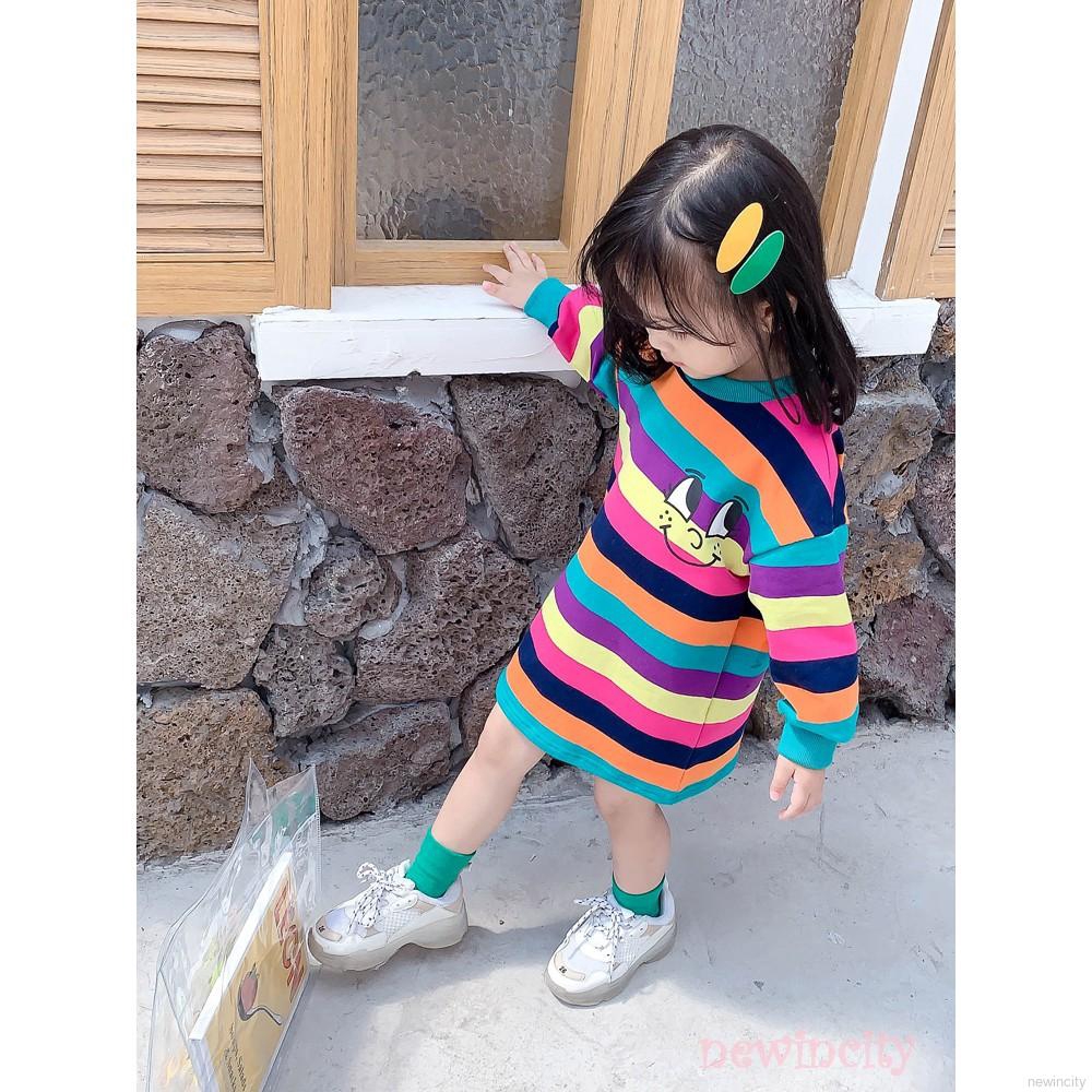 Đầm dài tay kẻ sọc phối họa tiết đôi mắt phong cách Hàn Quốc cho bé