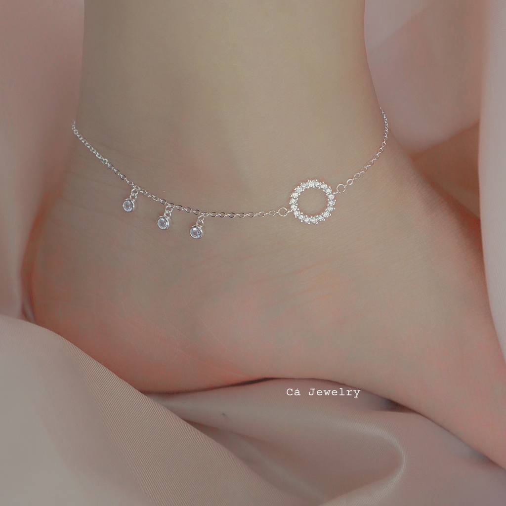 Lắc chân nữ vòng chân nữ bạc s925 mặt tròn đính đá và 3 viên pha lê tròn tua rua Cá jewelry LC34