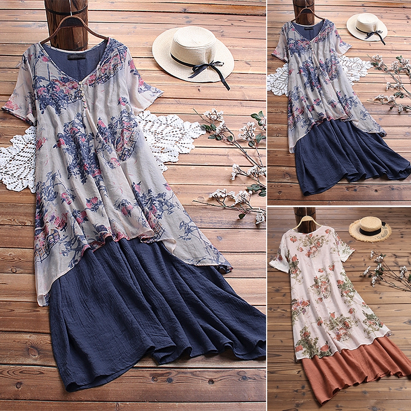 Đầm ZANZEA Tay Ngắn In Họa Tiết Hoa Phong Cách Vintage Cho Nữ | BigBuy360 - bigbuy360.vn