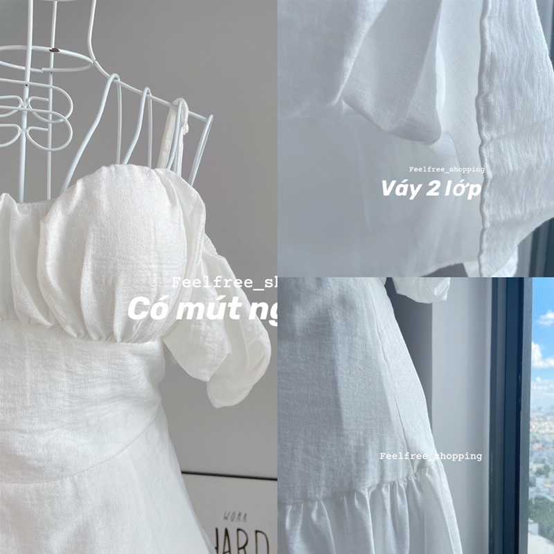 (Ảnh thật) Đầm Trắng Ngắn Hai Dây Trễ Vai Công Chúa Mặc Đi Tiệc, Đi Chơi, Kỷ Yếu (Hình Thật) D044