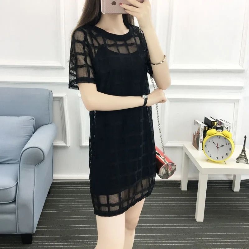 Váy Ngắn Tay 153204 Set Đầm Lưới Hai Dây Plus Size Thời Trang Nữ