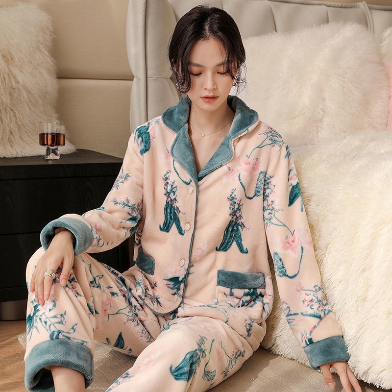 San hô lông cừu đồ ngủ phụ nữ mẫu mùa thu và đông 2021 mới flannel ấm áp mặc nhà
