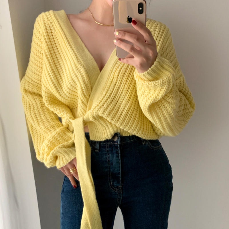 Áo Khoác Cardigan Dệt Kim J4 Cổ Chữ V Màu Tím / Trắng Thanh Lịch Phong Cách Hàn Quốc