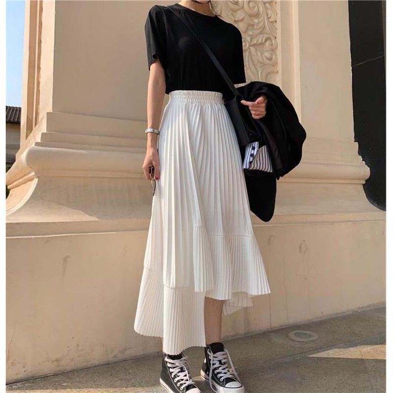 Chân váy xếp ly dài vạt lệch (có ảnh thật)