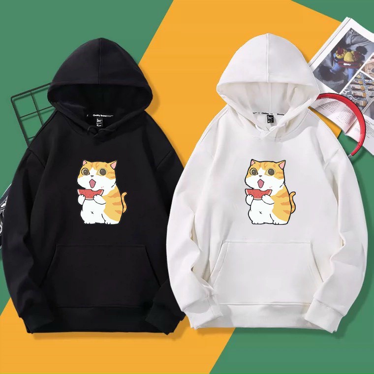 ÁO KHOÁC NỈ UNISEX IN CẶP MÈO ĂN DƯA CỰC ĐẸP HAI MÀU ĐEN TRẮNG