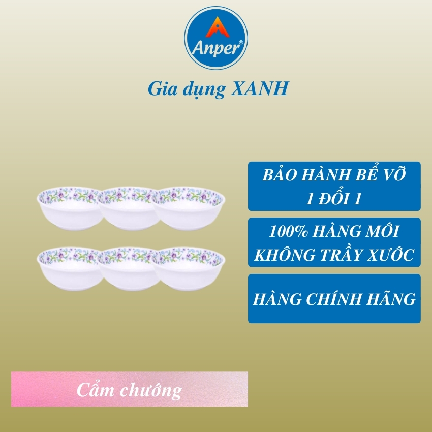 Bộ 6 Bát Chén Chấm Tròn (8.8cm) Anper Nhựa Kiểu Nhật Hàn Cứng Cao Cấp An Toàn Sang Trọng, Dùng Gia Đình Và Nhà Hàng