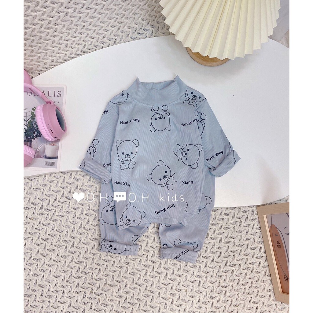 Sale! Bộ dài tay thun gân/len tăm hàng Minky mom chính hãng, họa tiết in gấu cổ trụ 3cm cho bé (5-18kg) (DT12)