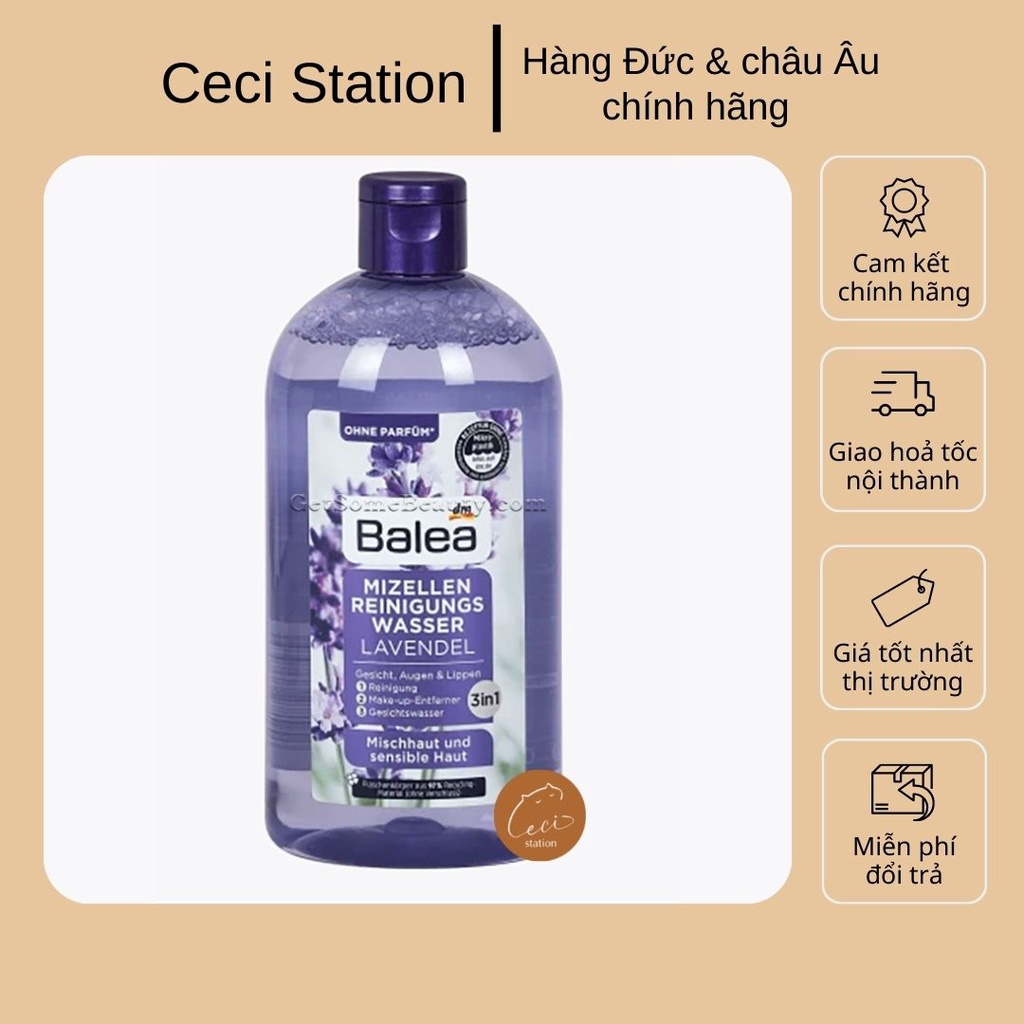 Nước tẩy trang 3in1 dùng cho mặt, mắt, môi phù hợp da khô và da nhạy cảm Balea Lavendel