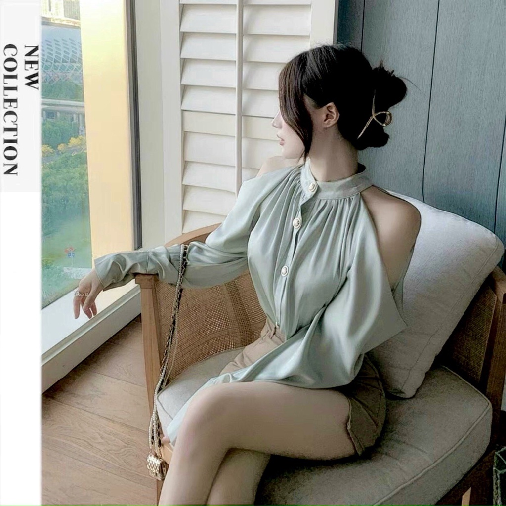 [Mã FAMARAL1 giảm 10K đơn 50K] Áo sơ mi hở vai cổ yếm phối cúc chất lụa satin mềm mịn thời trang nữ | BigBuy360 - bigbuy360.vn