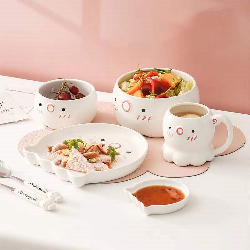 ❤Bộ Tô Đĩa Ăn Tráng Miệng Bằng Gốm Sứ In Hình Bạch Tuộc Dễ Thương