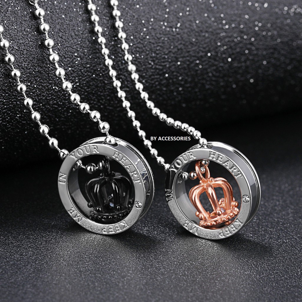 Dây chuyền đôi titan vòng tròn lồng vương miện đính đá không gỉ CN1902