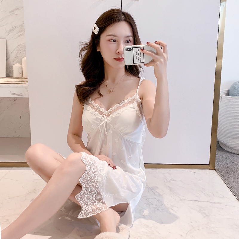 Đầm Ngủ Lụa Phối Ren Có Mút Đệm Ngực Thời Trang Mùa Hè Quyến Rũ Cho Nữ