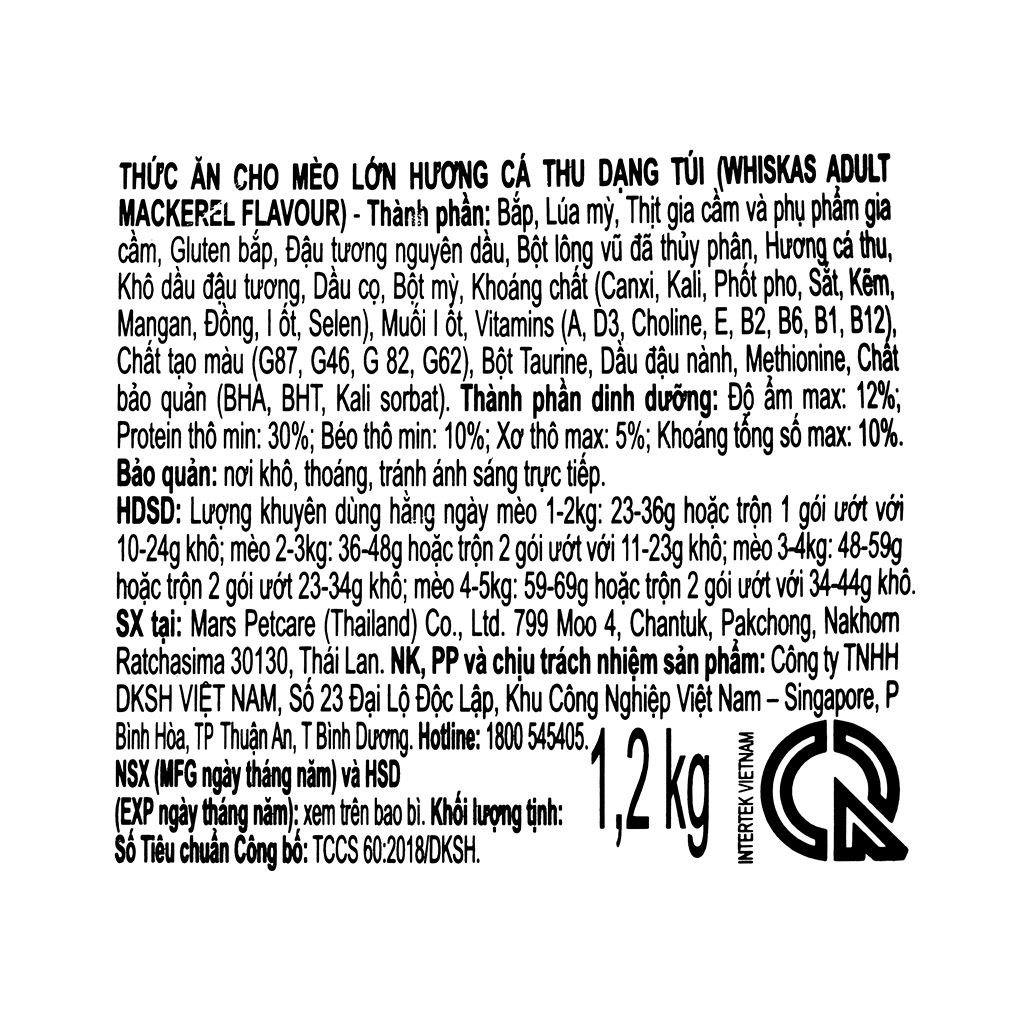 Thức ăn cho mèo lớn Whiskas túi 1.2kg