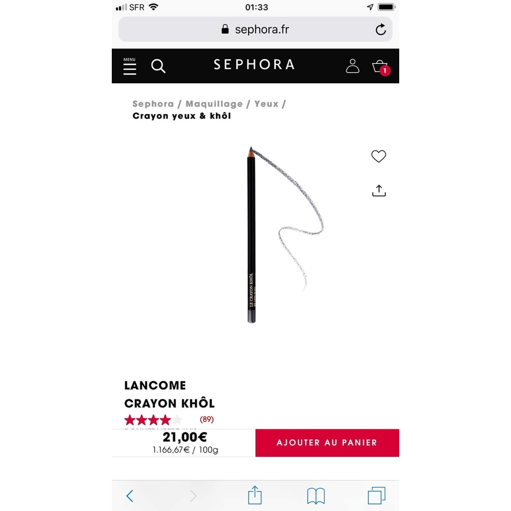 Chì kẻ mắt Lancome Le Crayon Khôl Mini 01 Noir 0,7g