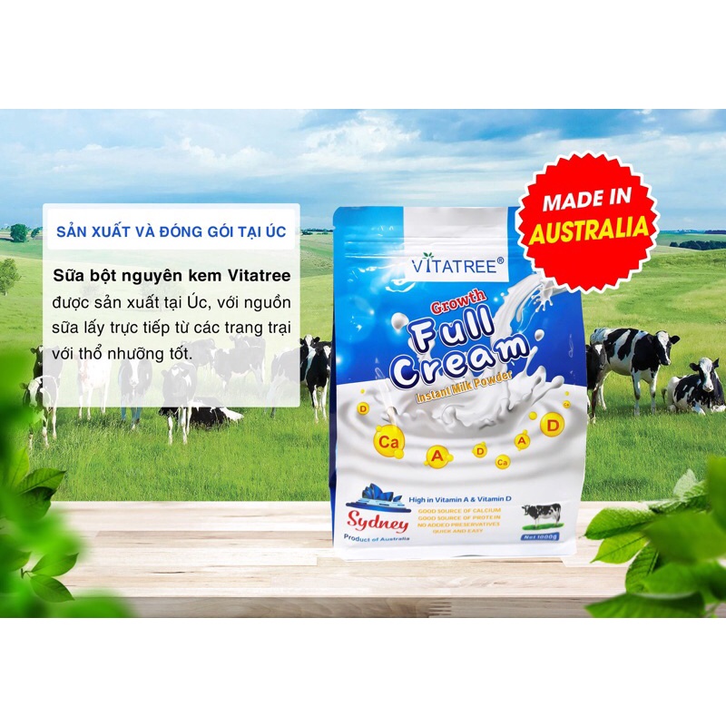 Sữa bột nguyên kem Vitatree Growth Full Cream Instant Milk Powder 1kg-Hàng Úc[Bổ sung Canxi, vitamin A,D..]