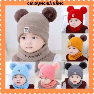 Sét mũ len kute cho bé gồm mũ 2 cục bông +khăn ống