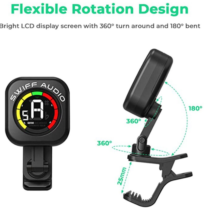 SWIFF AUDIO Guitar Tuner, Clip-on Tuner for Guitar, Bass, Violin, Chromatic Tuning, 360 Degree Rotating with LCD Display