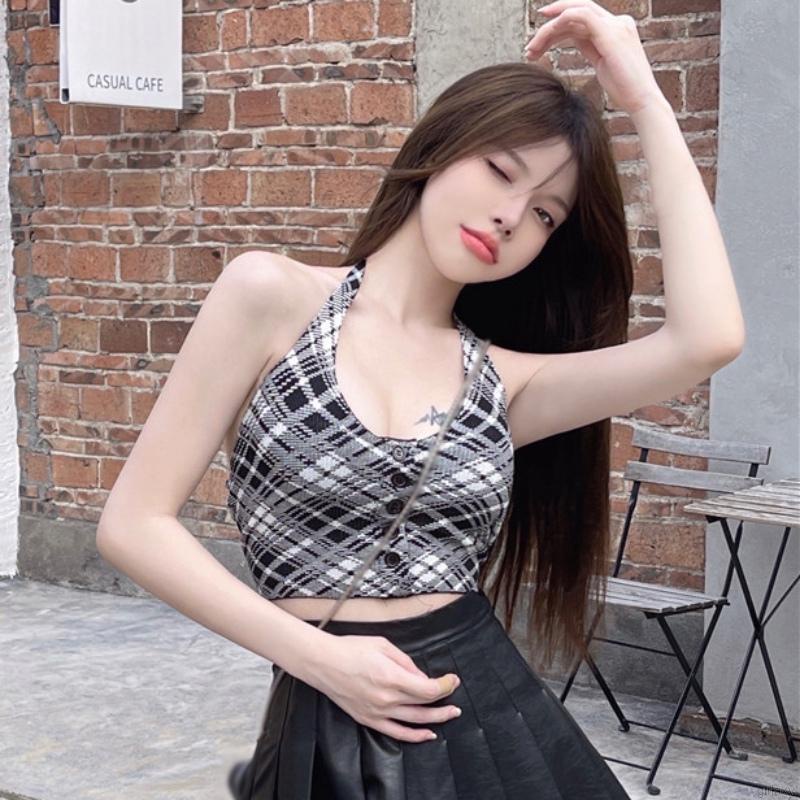 Áo croptop hai dây họa tiết sọc caro phong cách retro Hàn quốc