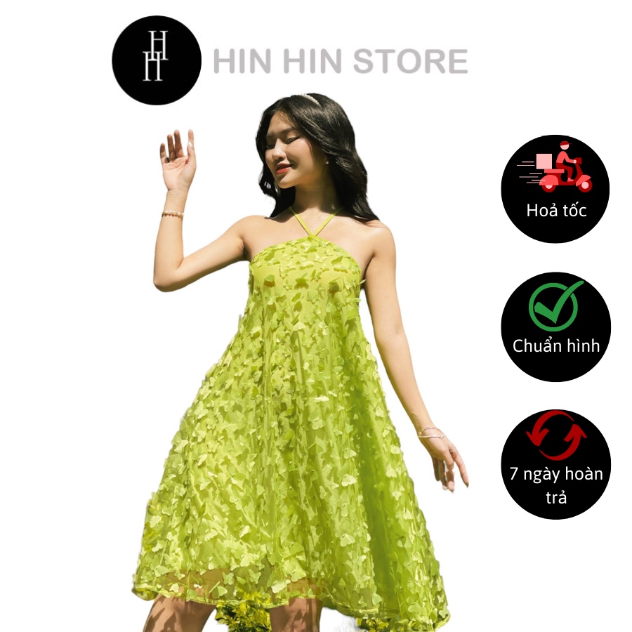 Váy babydoll yếm hở lưng màu xanh neon HDT280 Hỉn Hỉn Store