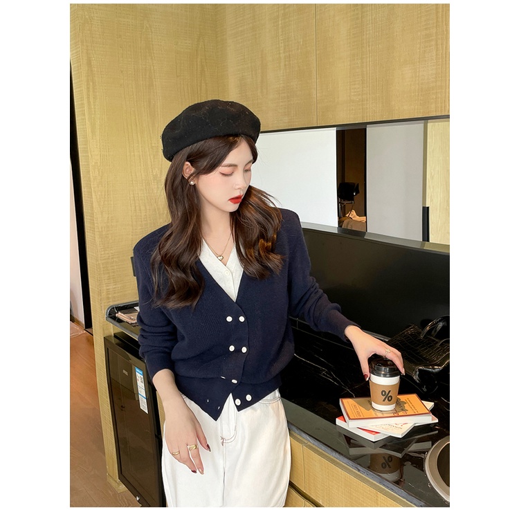 ZHELIHANGFEI Áo Sweater Dài Tay Cổ Chữ V Lưng Cao Phối Lớp Xinh Xắn Dành Cho Nữ