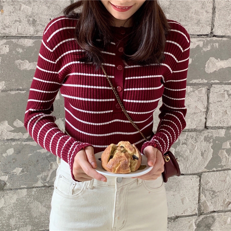 Áo Sweater Cổ Tròn Dáng Ôm Kẻ Sọc Kiểu Hàn Quốc Thời Trang Cho Nữ | BigBuy360 - bigbuy360.vn